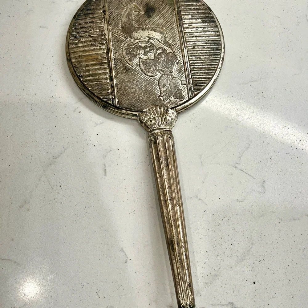 Antique Art Noveau Gilt Doe Leaf And Berry Hand Vanity Mirror Early 1900s